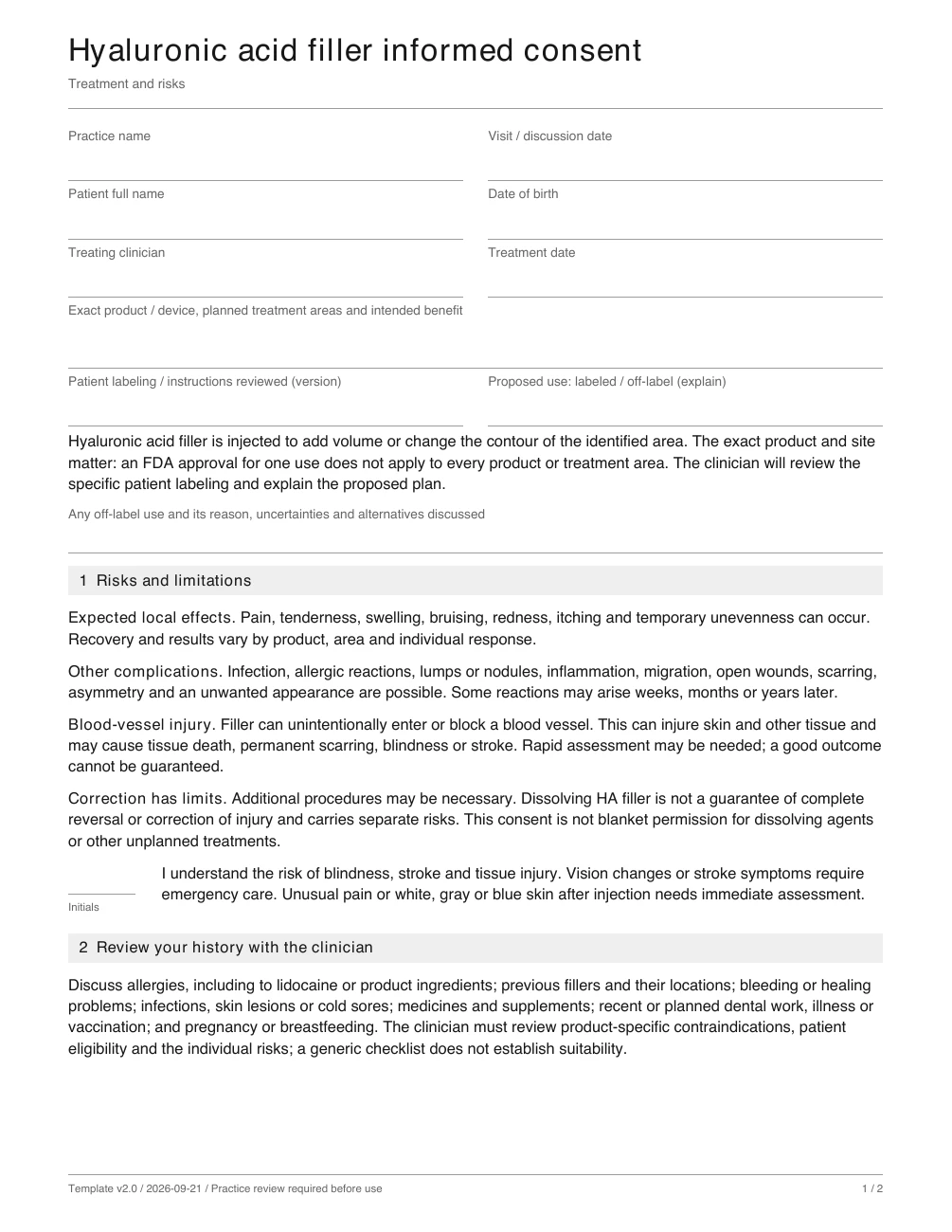 Sample patient discussion page from the hyaluronic acid filler consent